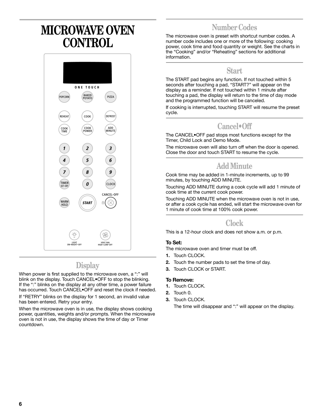 Whirlpool MH1141XM manual Microwave Oven Control 