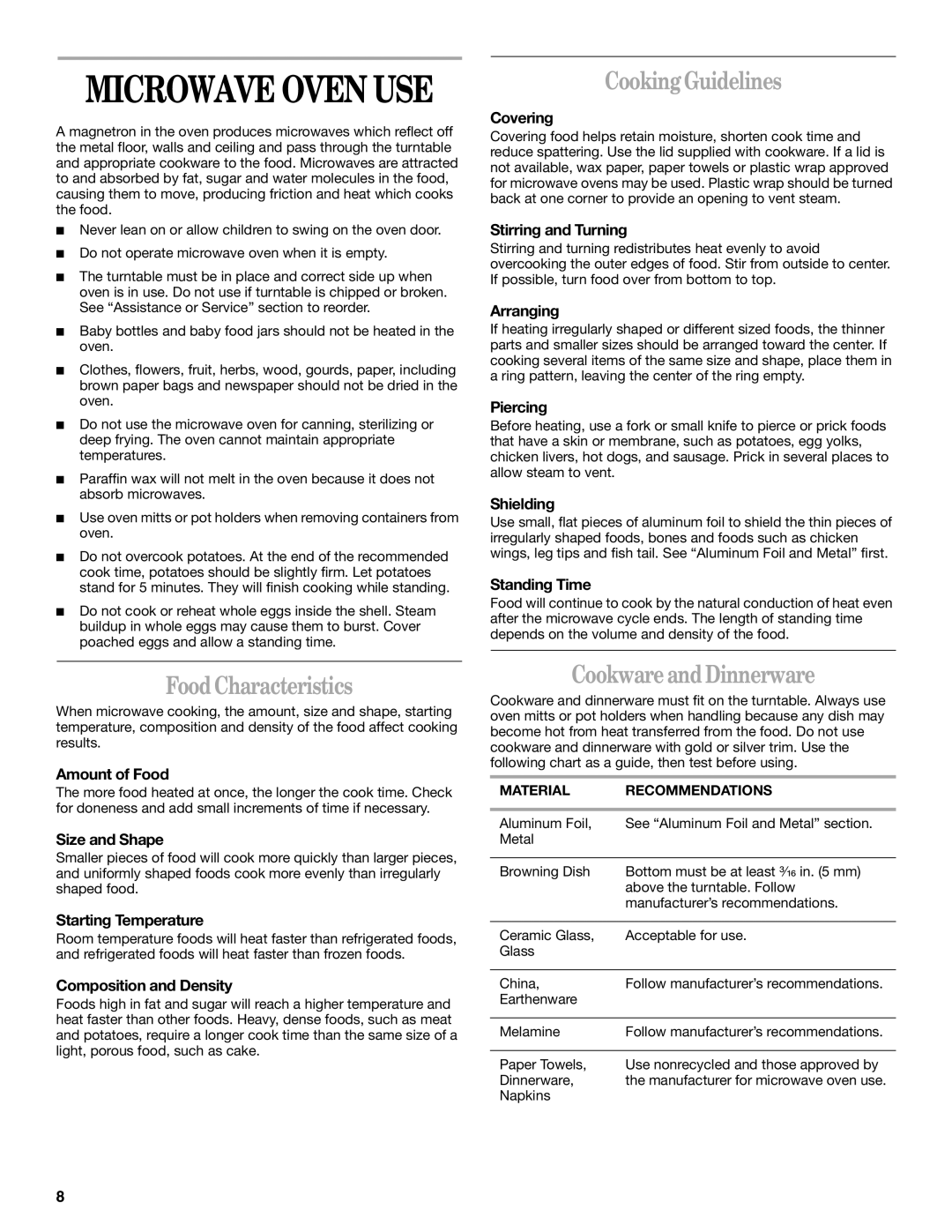 Whirlpool MH1141XM manual Food Characteristics, Cooking Guidelines, Cookware and Dinnerware 