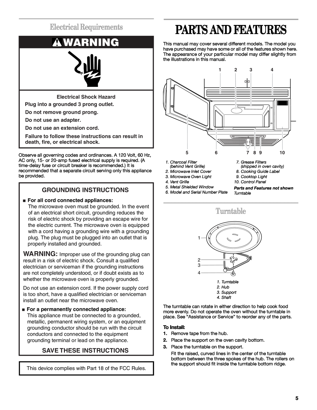 Whirlpool MH1141XM Parts And Features, Electrical Requirements, Turntable, Grounding Instructions, Save These Instructions 