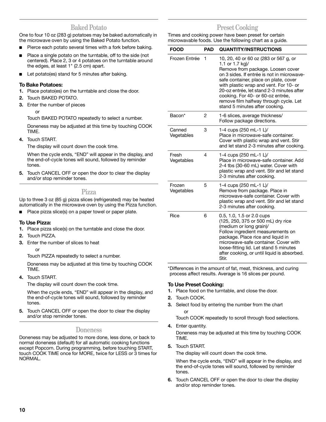 Whirlpool MH1160XS manual Baked Potato, Pizza, Doneness, Preset Cooking 