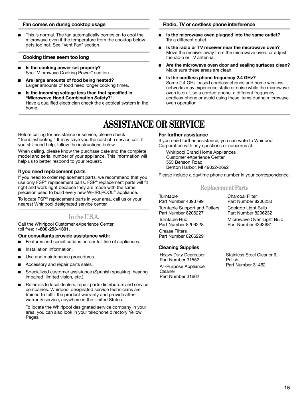 Whirlpool MH1160XS manual Assistance or Service, U.S.A, Replacement Parts 