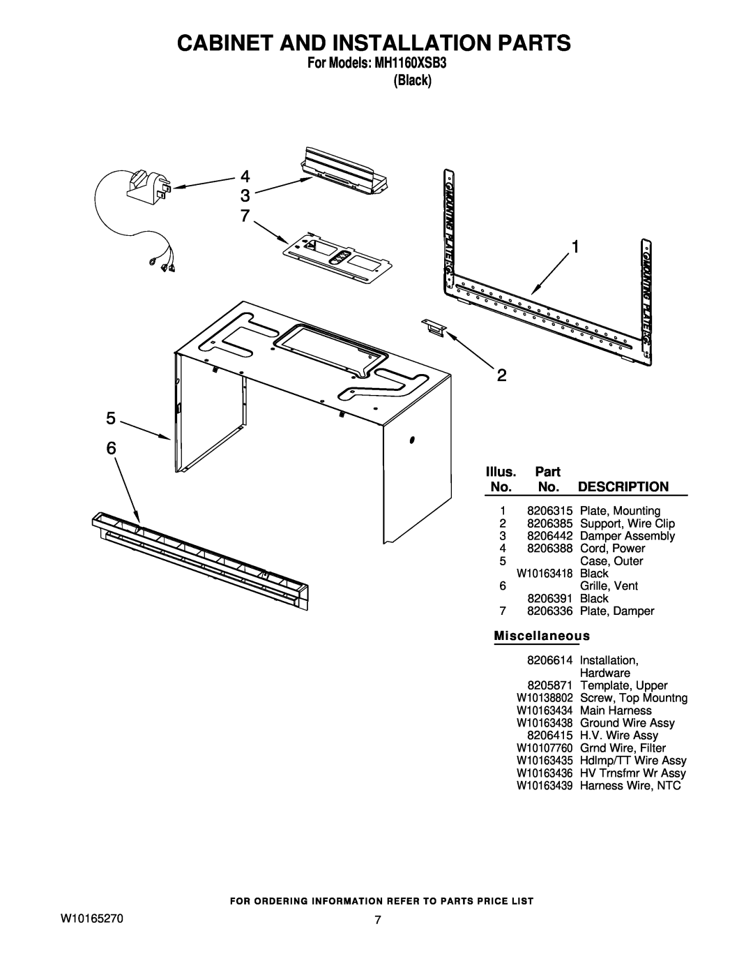 Whirlpool MH1160XSB3 manual Cabinet And Installation Parts, Illus, Description, Miscellaneous 