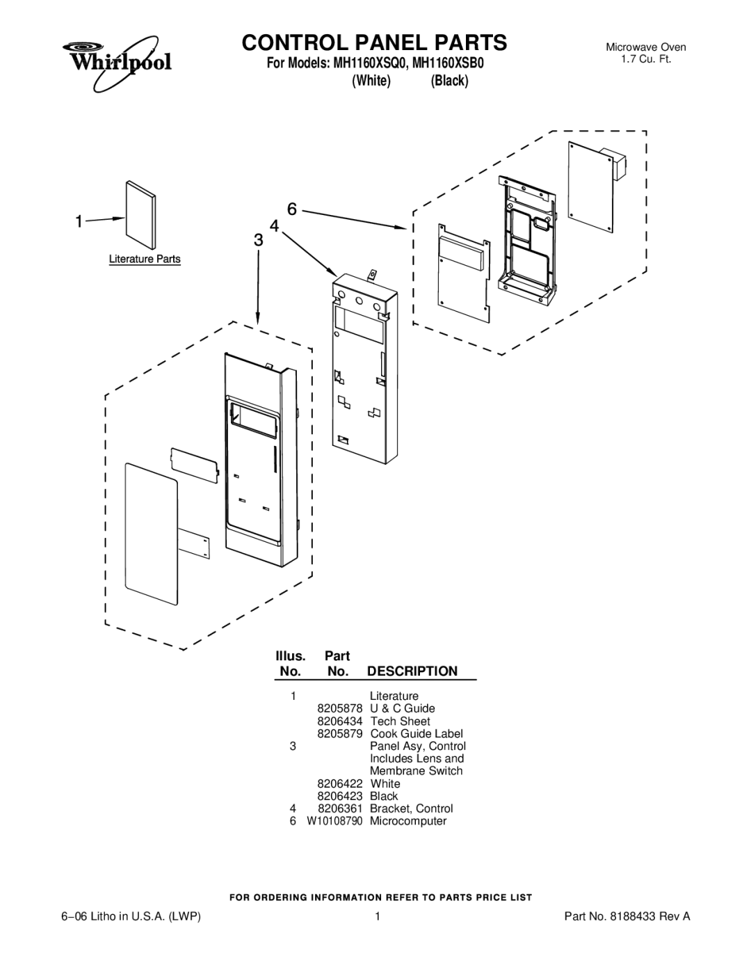 Whirlpool MH1160XSB0, MH1160XSQ0 manual Control Panel Parts, Illus. Part No. No. Description 