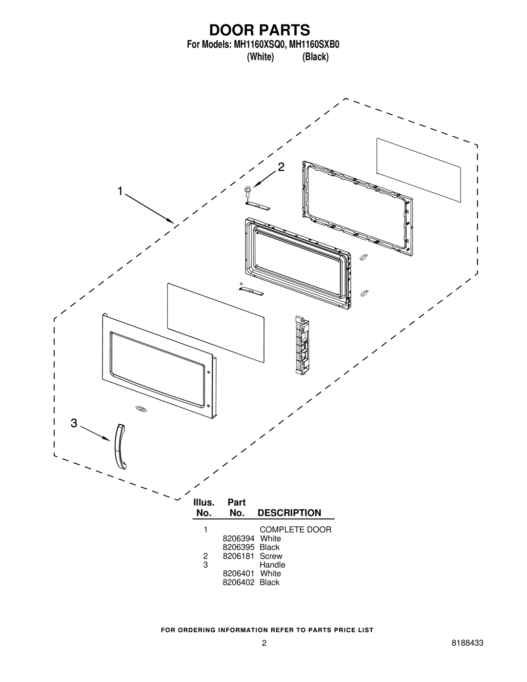 Whirlpool MH1160XSQ0, MH1160XSB0 manual Door Parts 