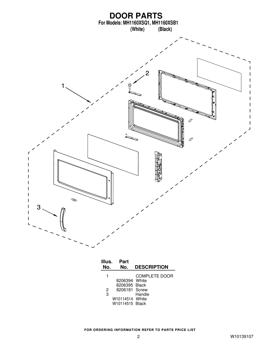 Whirlpool MH1160XSQ1, MH1160XSB1 manual Door Parts 