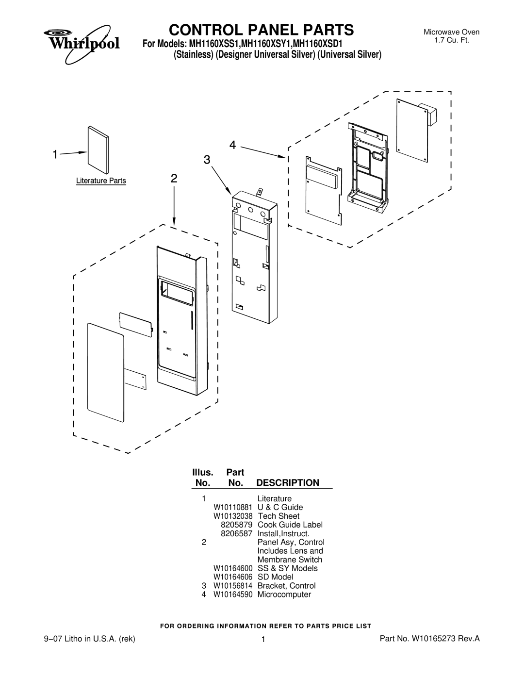 Whirlpool MH1160XSY1, MH1160XSS1, MH1160XSD1 manual Control Panel Parts, Illus. Part No. No. Description 