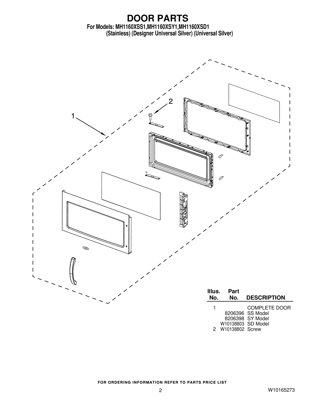 Whirlpool MH1160XSD1, MH1160XSS1, MH1160XSY1 manual Door Parts, Illus Part 