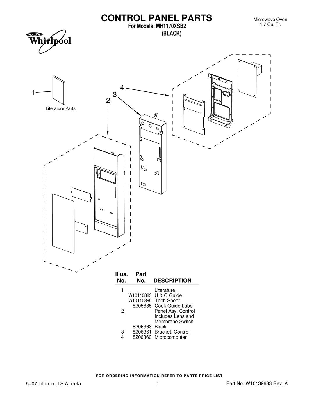 Whirlpool MH1170XSB2 manual Control Panel Parts, Illus. Part No. No. Description 