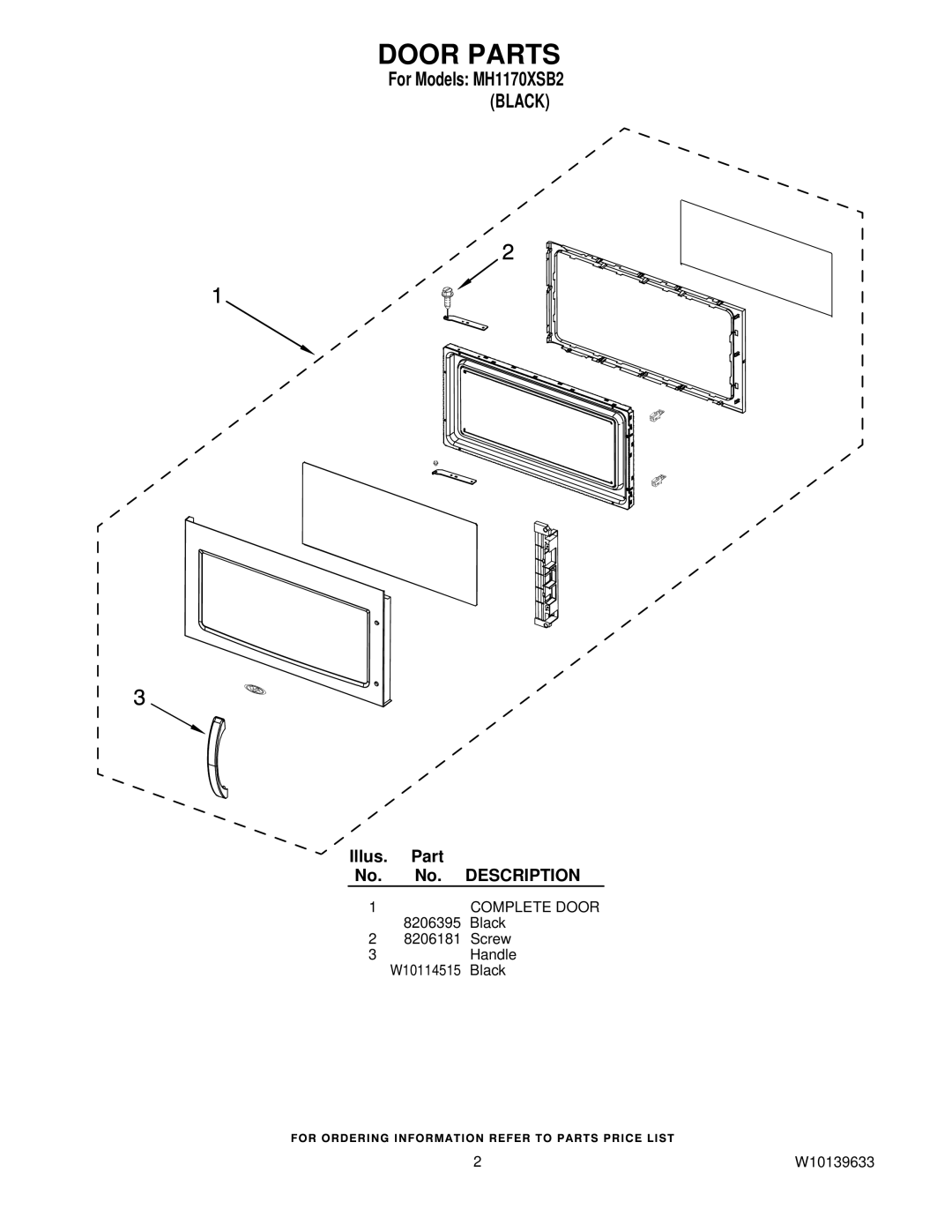 Whirlpool MH1170XSB2 manual Door Parts 