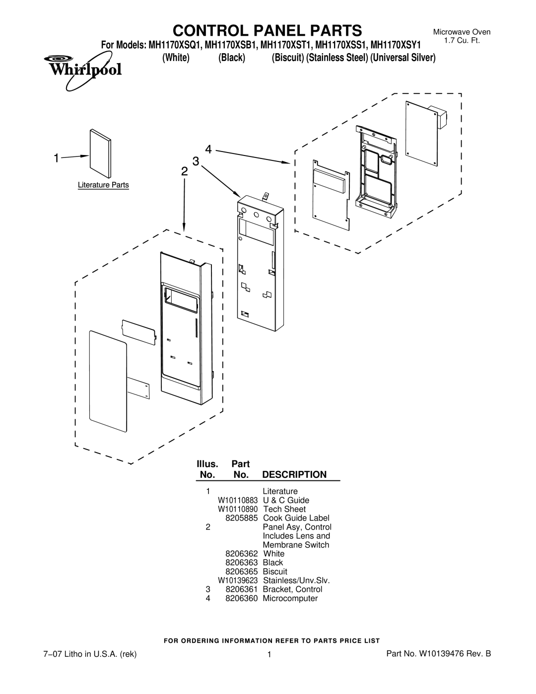 Whirlpool MH1170XSB1, MH1170XSS1, MH1170XSY1 manual Control Panel PARTSMicrowave Oven, Illus. Part No. No. Description 