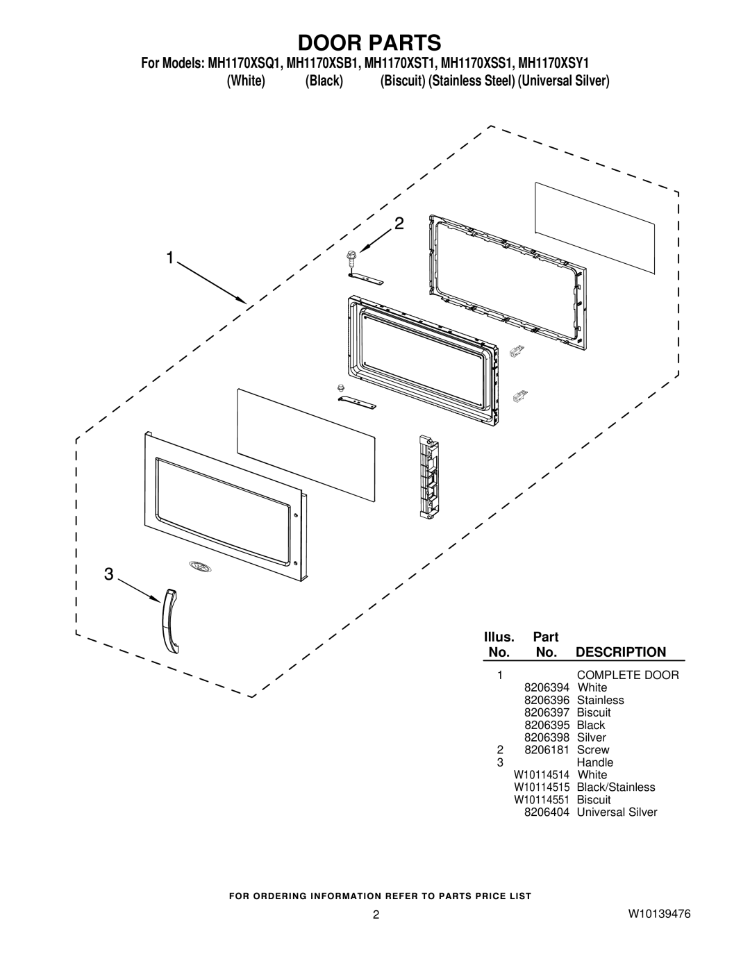 Whirlpool MH1170XSY1, MH1170XSS1, MH1170XSB1, MH1170XSQ1, MH1170XST1 manual Door Parts, Illus Part 