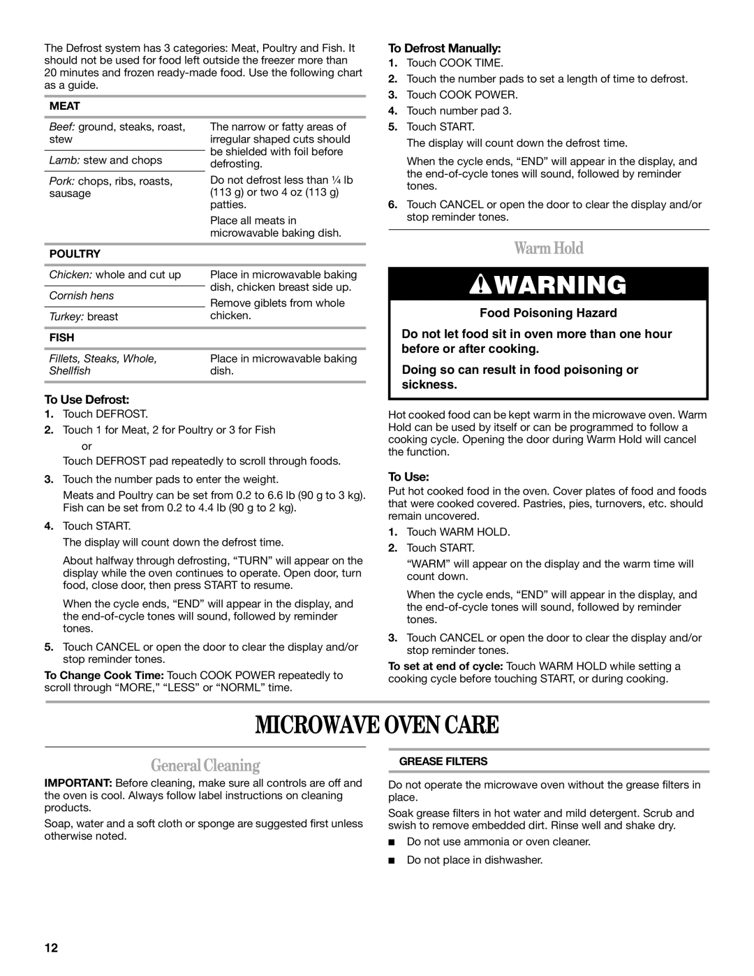 Whirlpool MH2155XP manual Microwave Oven Care, Warm Hold, GeneralCleaning, To Defrost Manually, To Use Defrost 