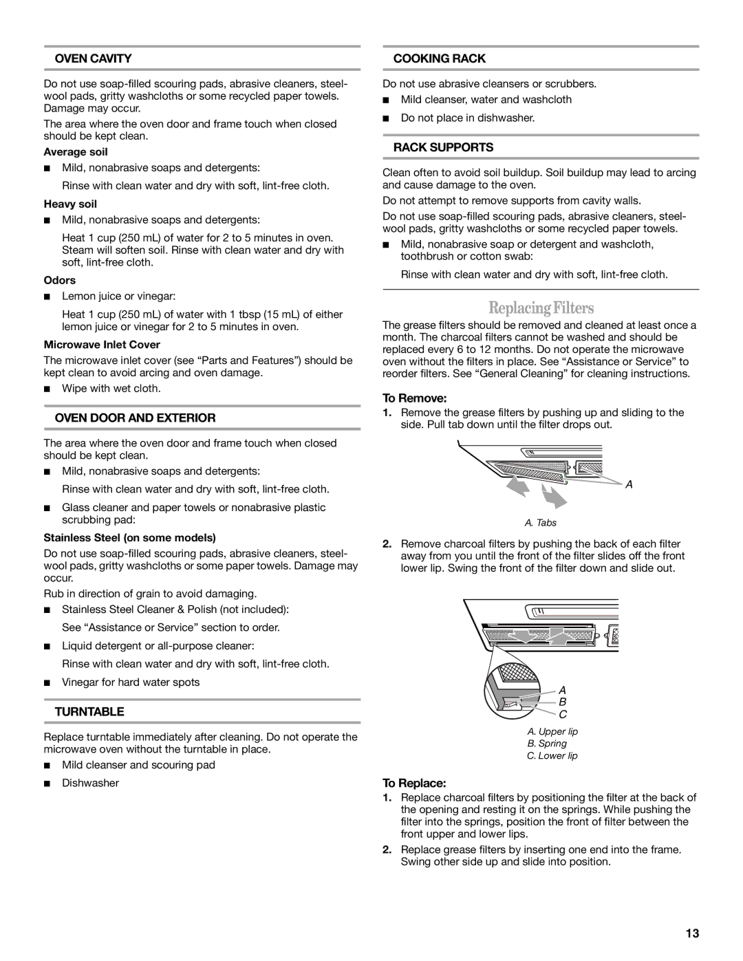 Whirlpool MH2155XP manual Replacing Filters, To Replace 