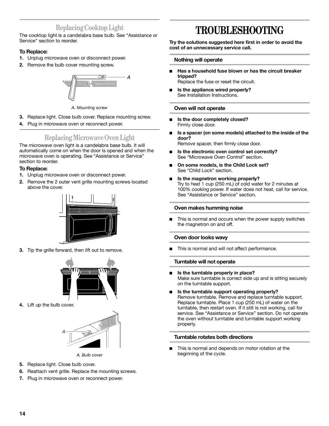 Whirlpool MH2155XP manual Troubleshooting, Replacing Cooktop Light, Replacing Microwave OvenLight 