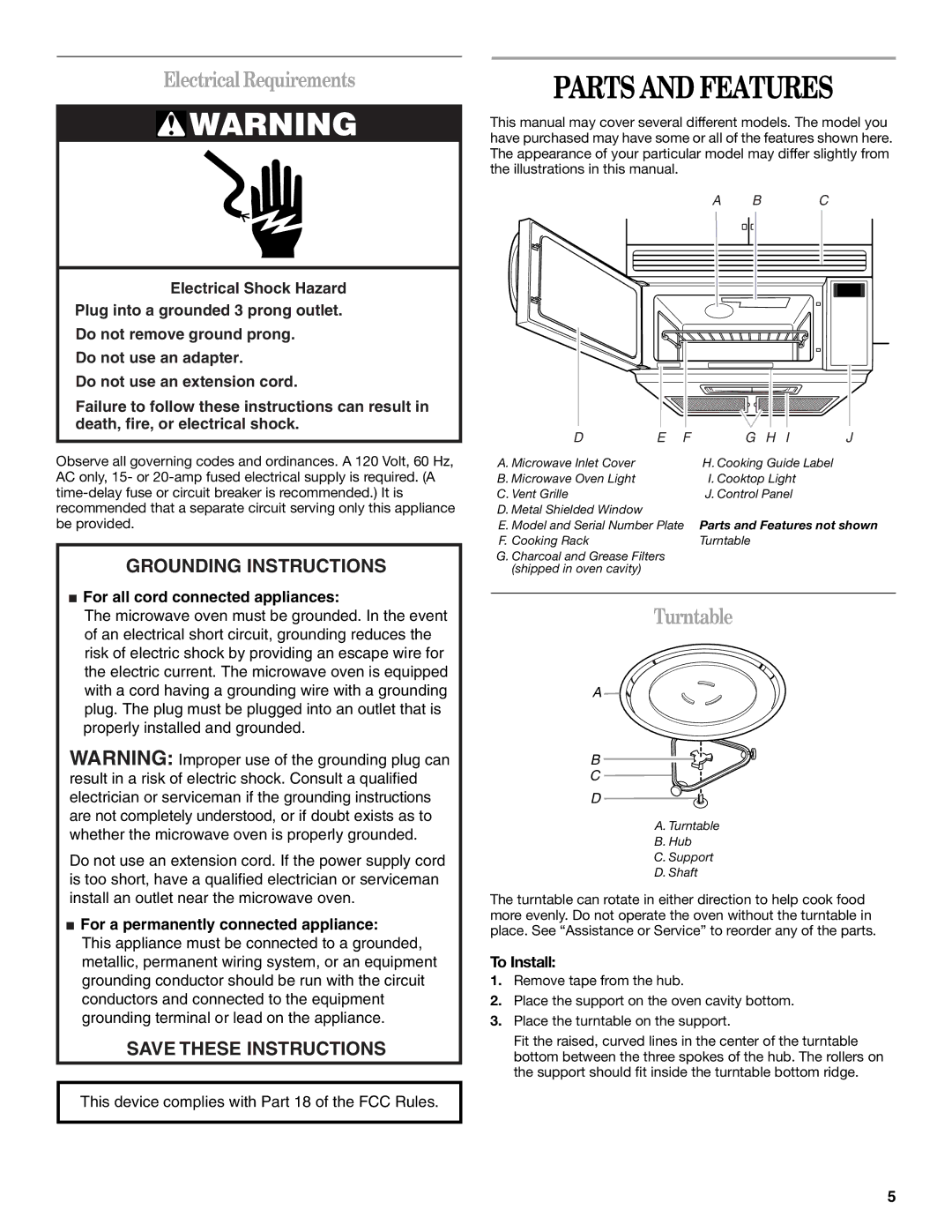 Whirlpool MH2155XP manual Parts and Features, Electrical Requirements, Turntable, To Install 