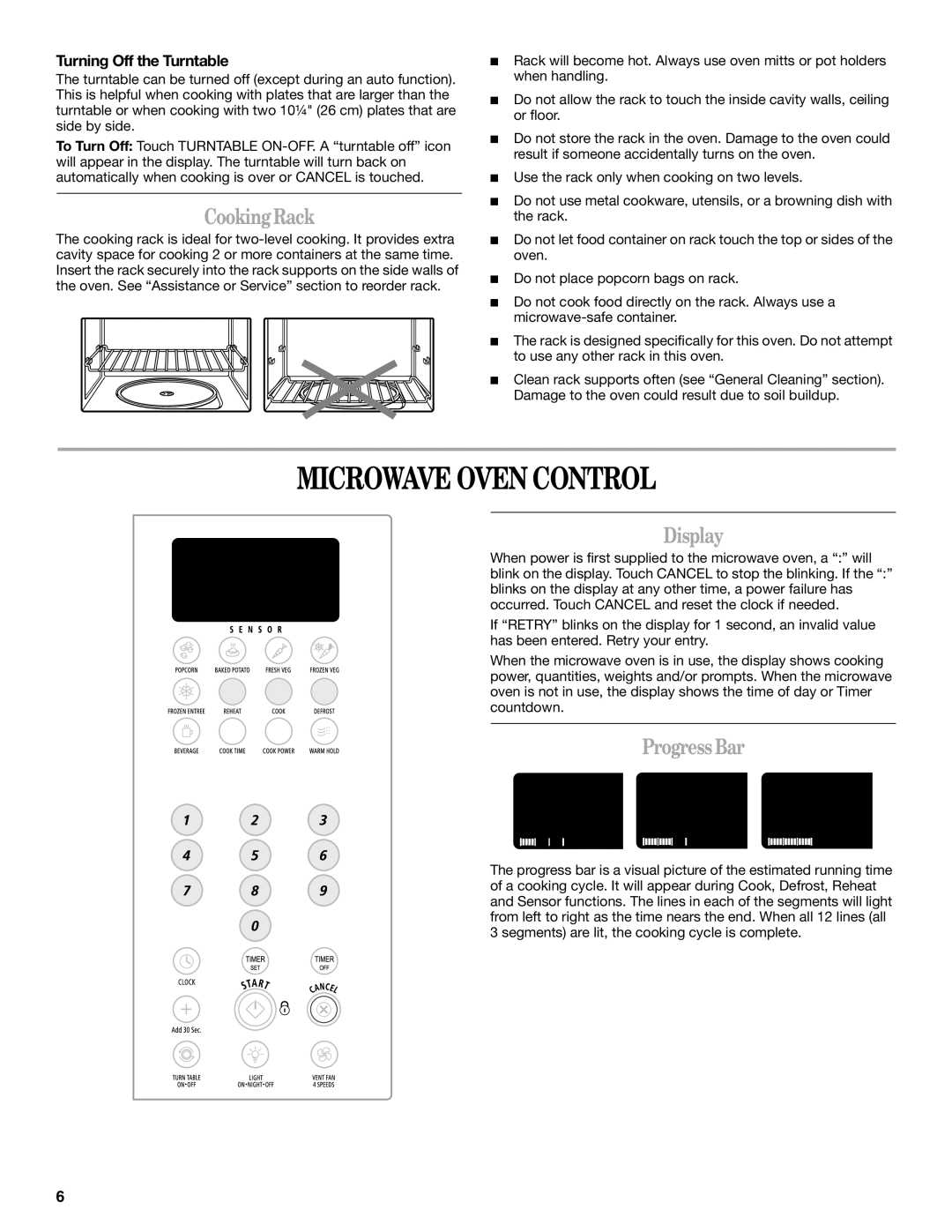 Whirlpool MH2155XP manual Microwave Oven Control, Cooking Rack, Display, Progress Bar, Turning Off the Turntable 