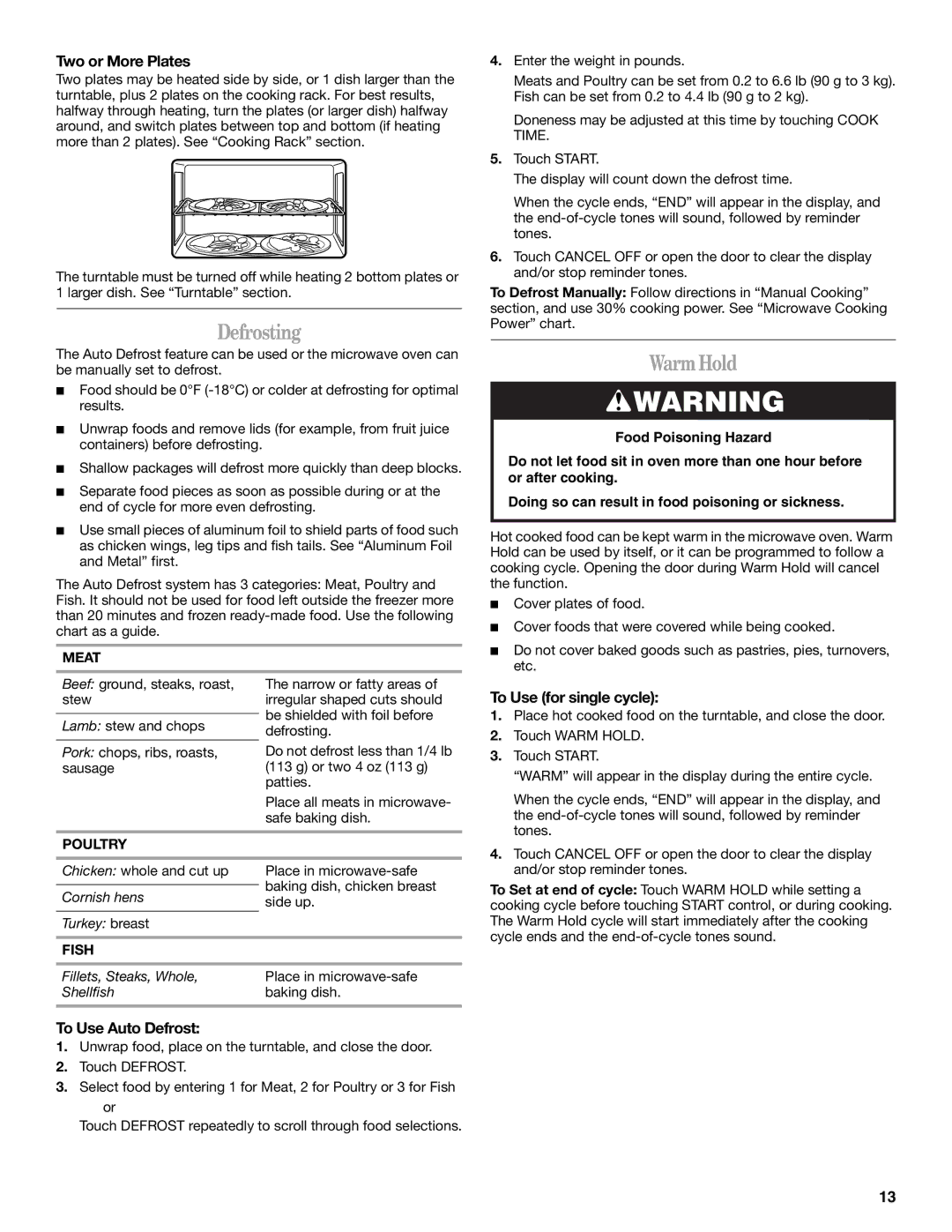 Whirlpool MH2175XS manual Defrosting, Warm Hold, Two or More Plates, To Use for single cycle, To Use Auto Defrost 