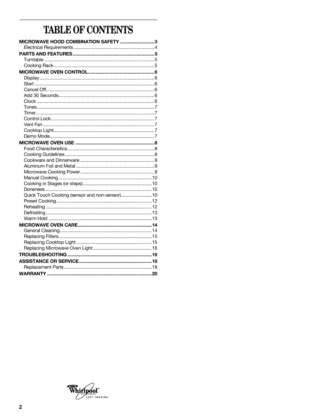 Whirlpool MH2175XS manual Table of Contents 