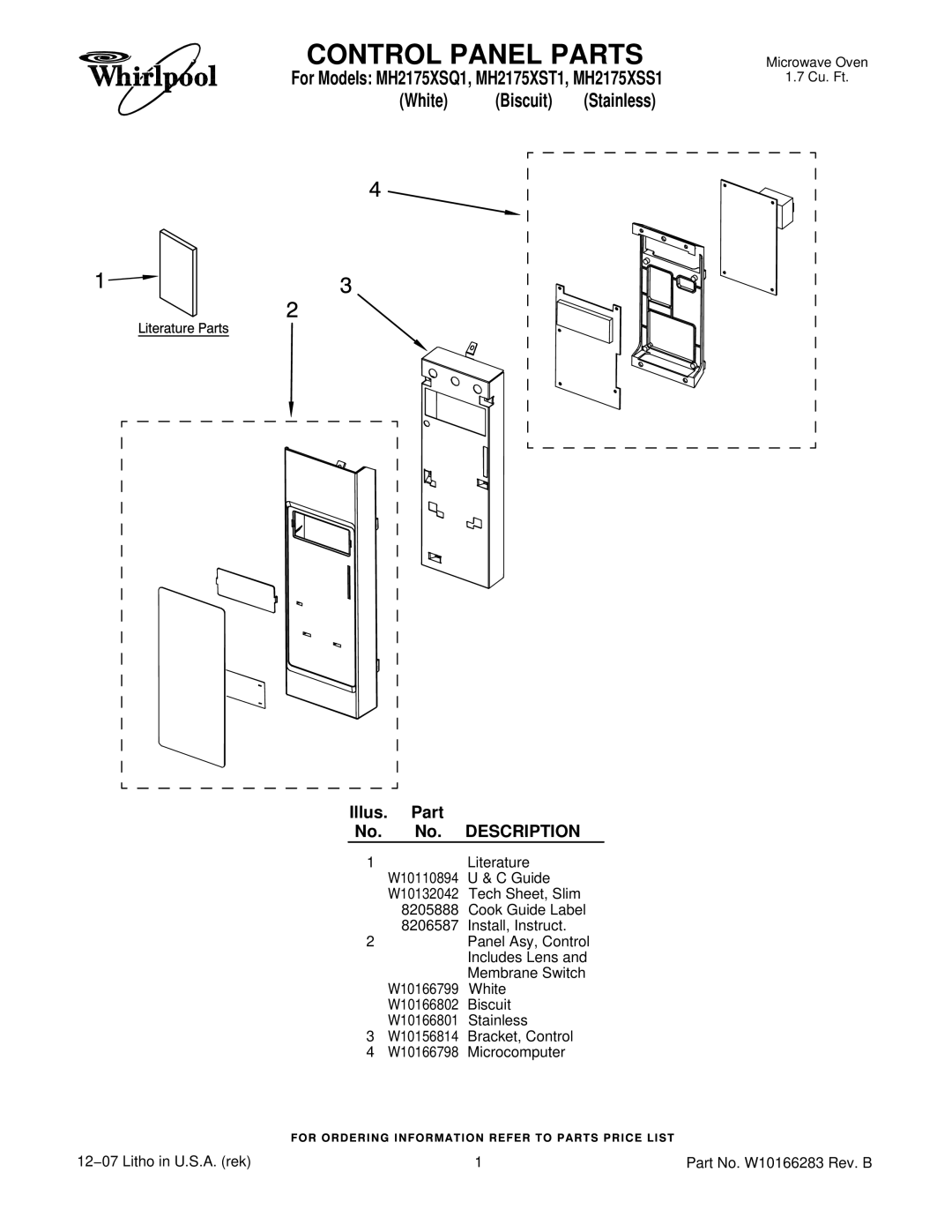 Whirlpool MH2175XSQ1, MH2175XSS1 manual Control Panel Parts, Illus. Part No. No. Description 