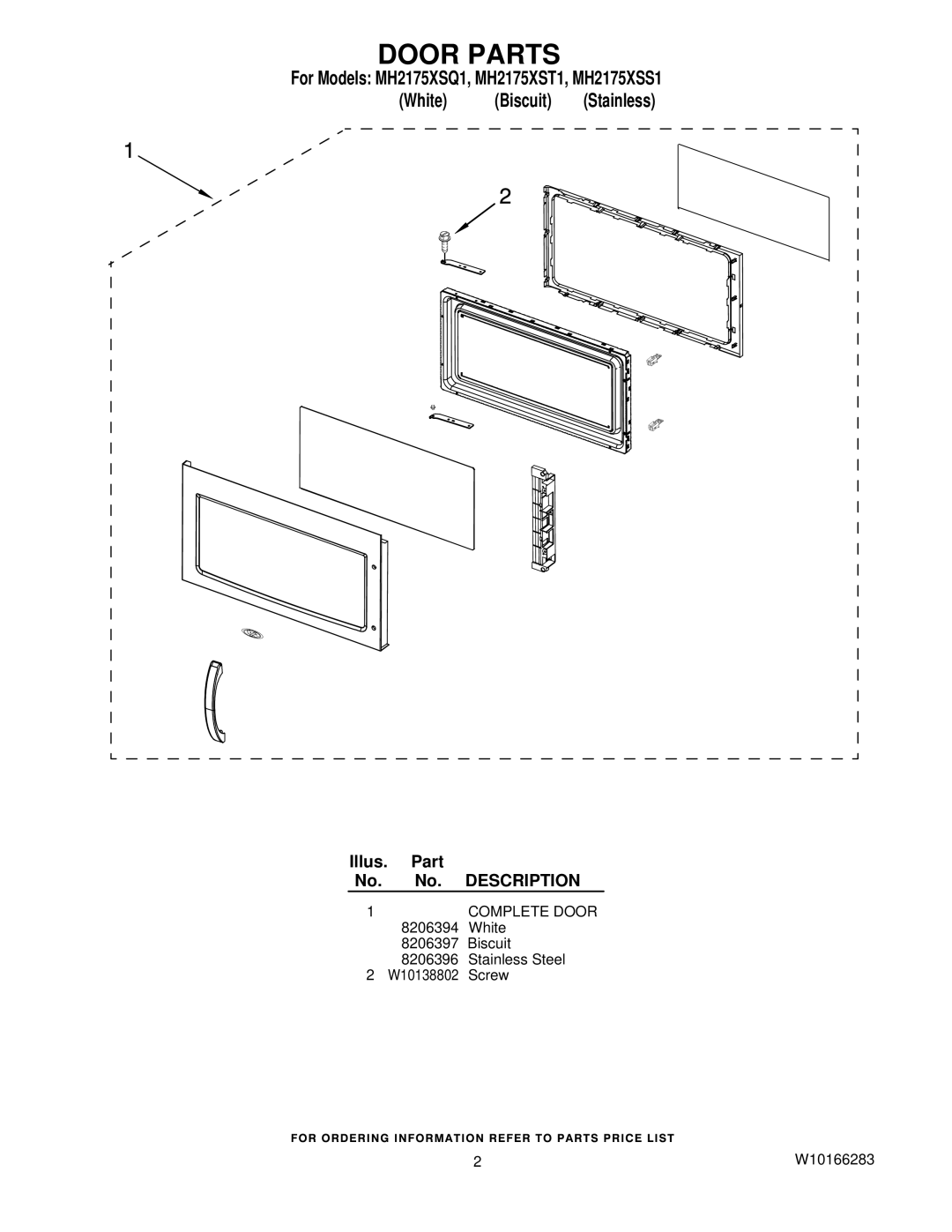 Whirlpool MH2175XSS1, MH2175XSQ1 manual Door Parts 