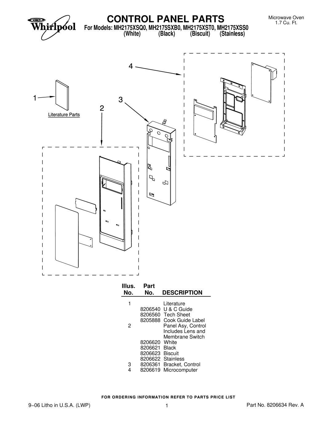 Whirlpool MH2175XSQ0 manual Control Panel Parts, White Black Biscuit Stainless, Illus. Part No. No. Description 