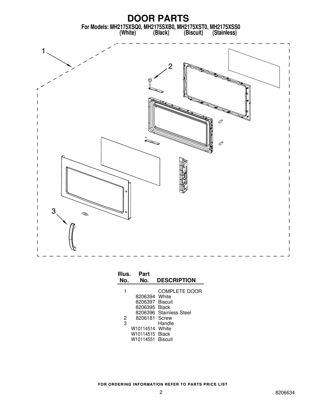 Whirlpool manual Door Parts, For Models MH2175XSQ0, MH2175SXB0, MH2175XST0, MH2175XSS0, Black 