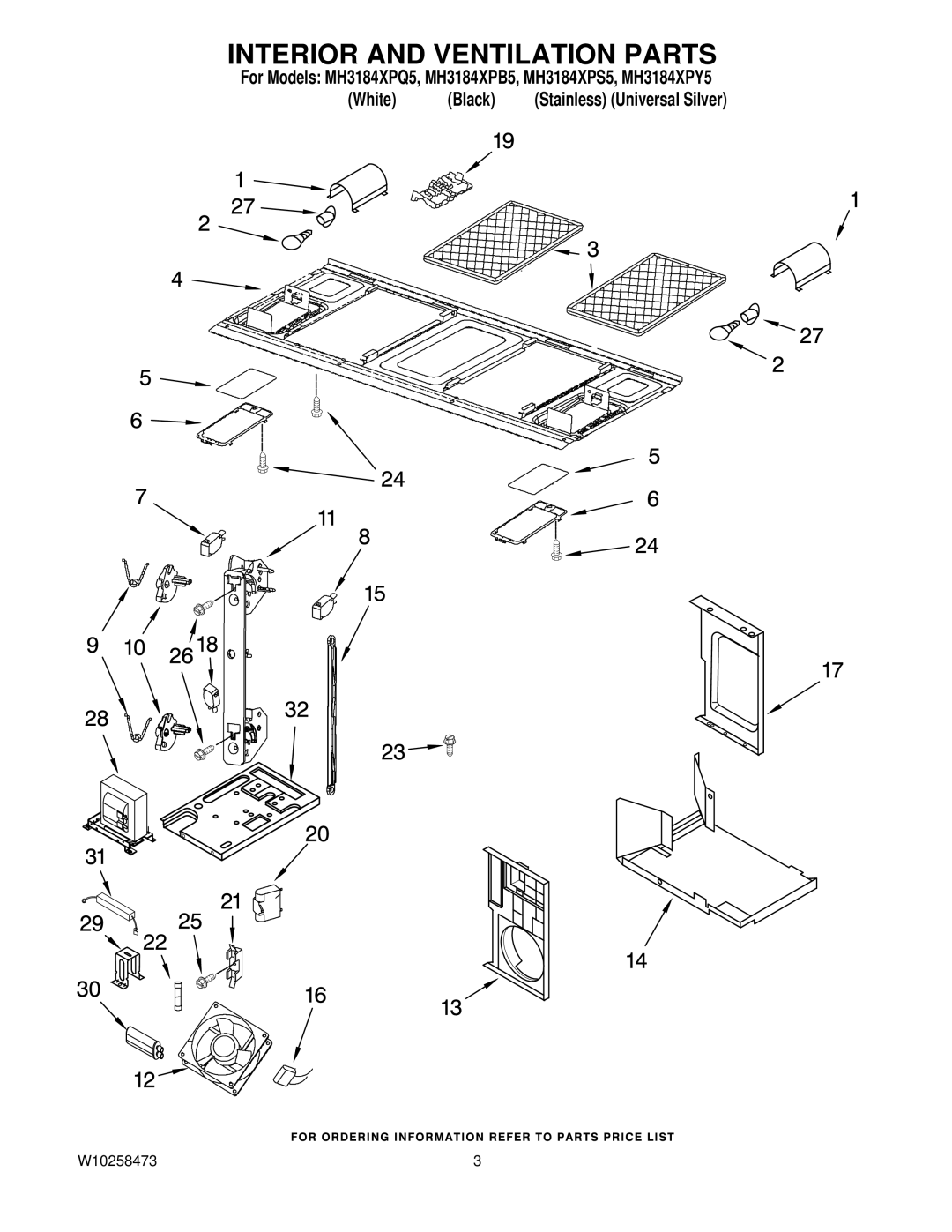 Whirlpool MH3184XPQ5, MH3184XPY5, MH3184XPB5 manual Interior and Ventilation Parts 