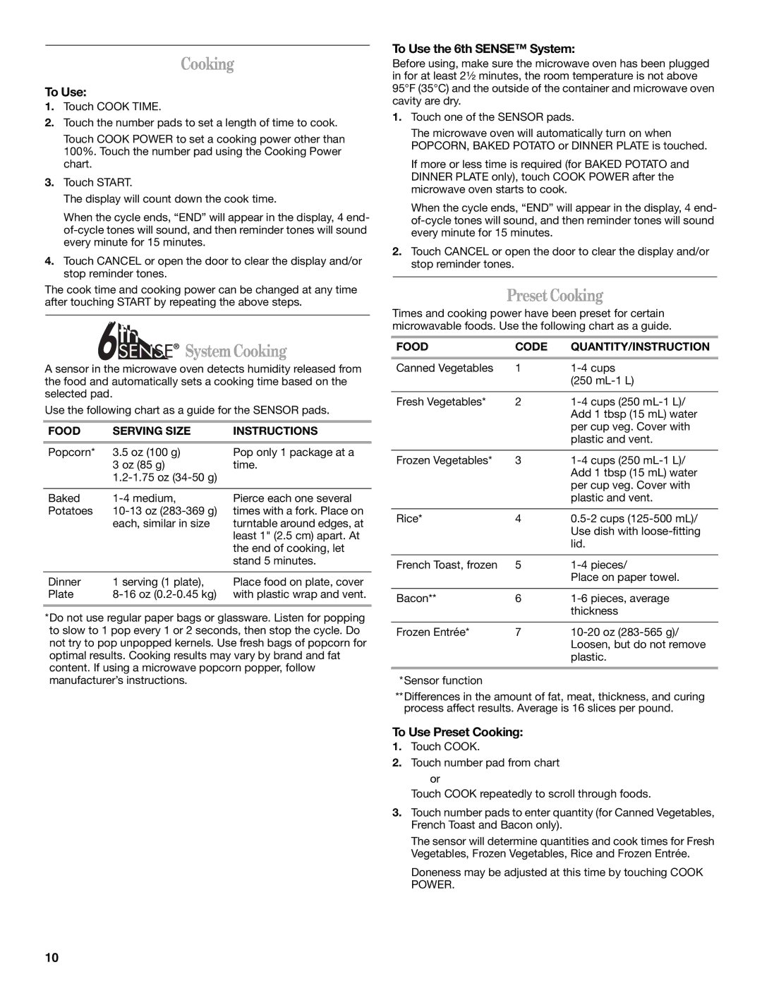 Whirlpool MH3184XPS manual System Cooking, Preset Cooking 