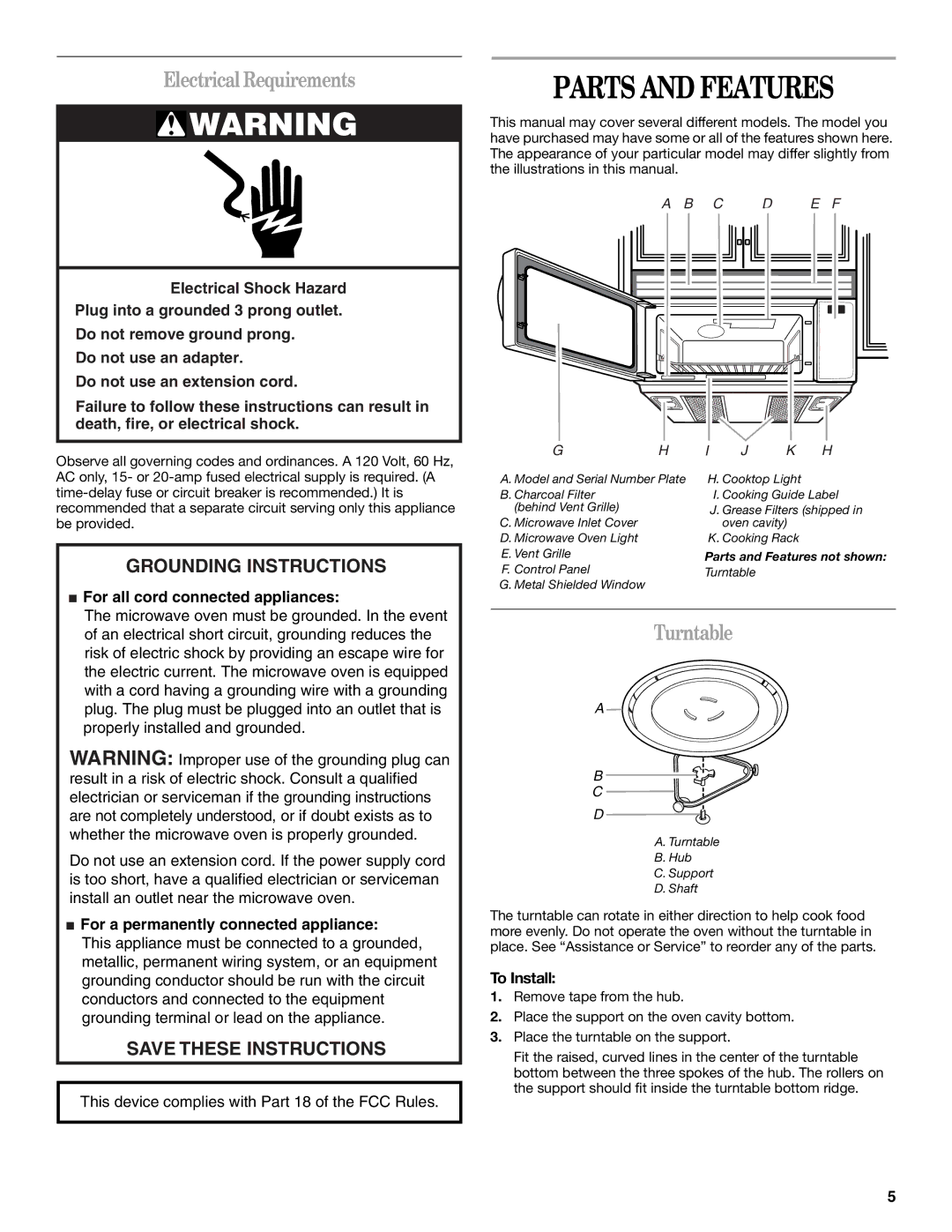 Whirlpool MH3184XPS manual Parts and Features, Electrical Requirements, Turntable, To Install 