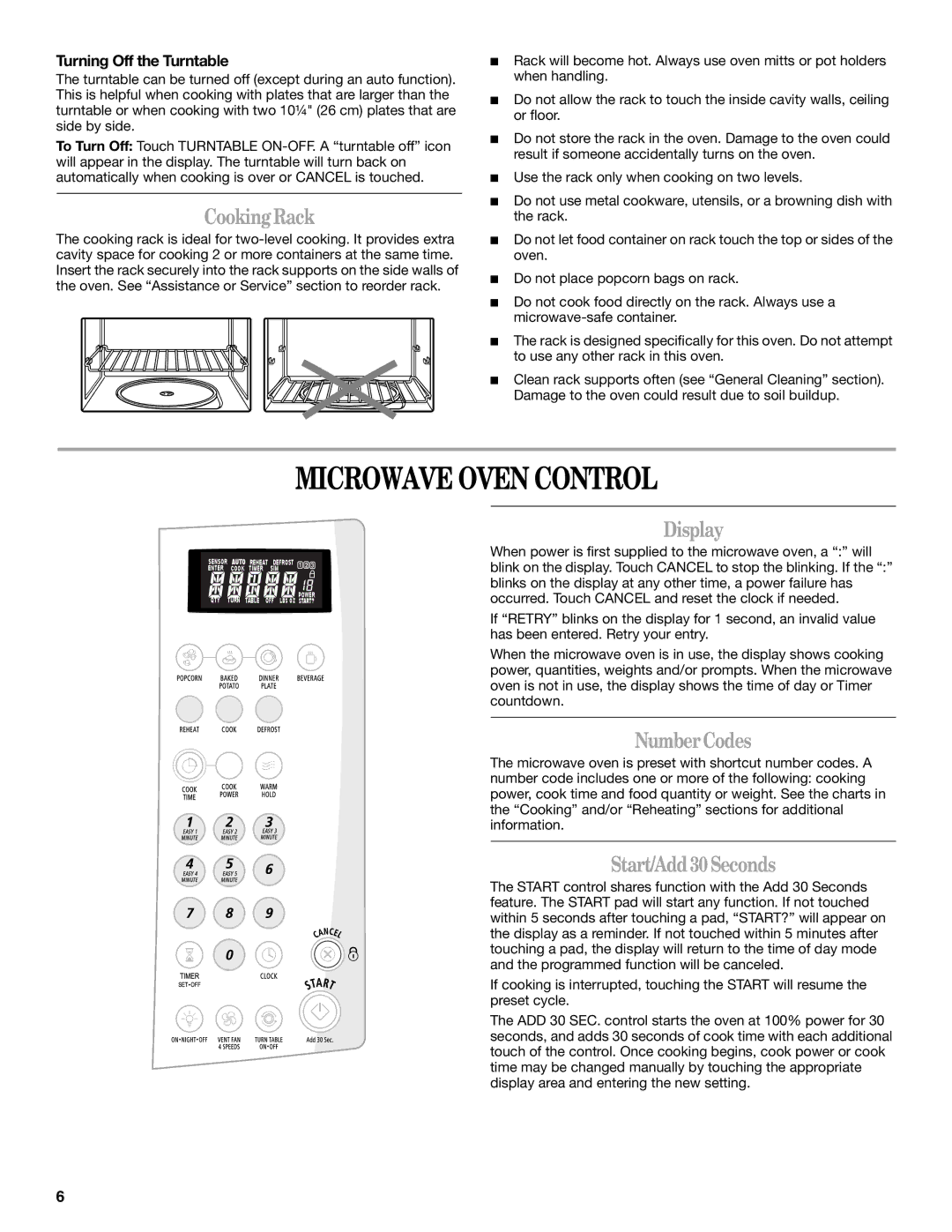 Whirlpool MH3184XPS manual Microwave Oven Control, Cooking Rack, Display, Number Codes, Start/Add 30 Seconds 