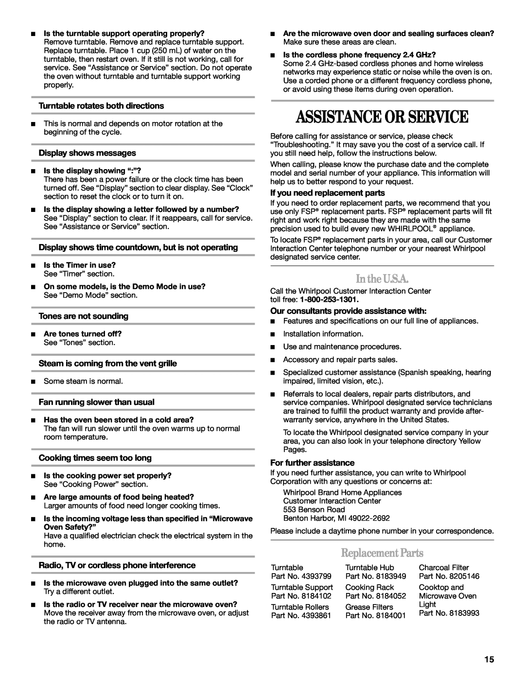Whirlpool MH3184XPS manual Assistance Or Service, Inthe U.S.A, Replacement Parts, Turntable rotates both directions 