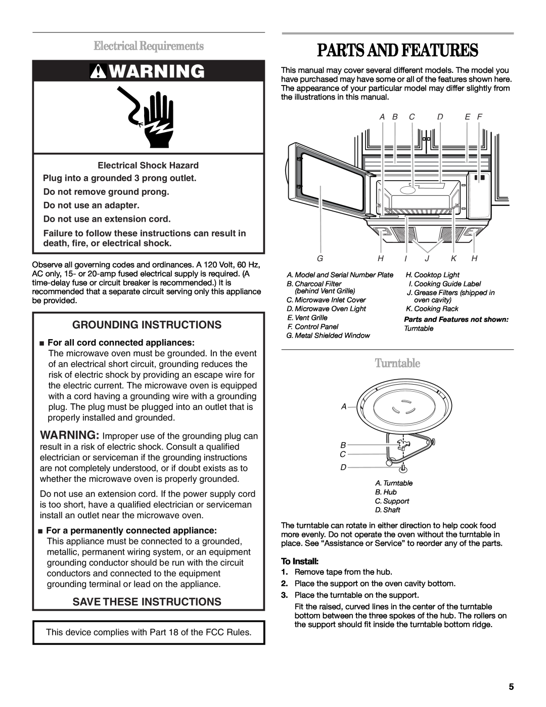 Whirlpool MH3184XP Parts And Features, Electrical Requirements, Turntable, Grounding Instructions, Save These Instructions 