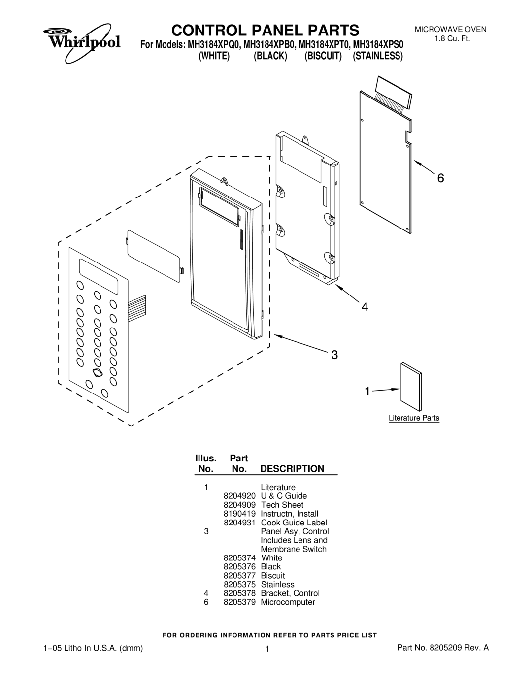 Whirlpool MH3184XPT0 manual Control Panel Parts, White Black Biscuit Stainless, Illus. Part No. No. Description 