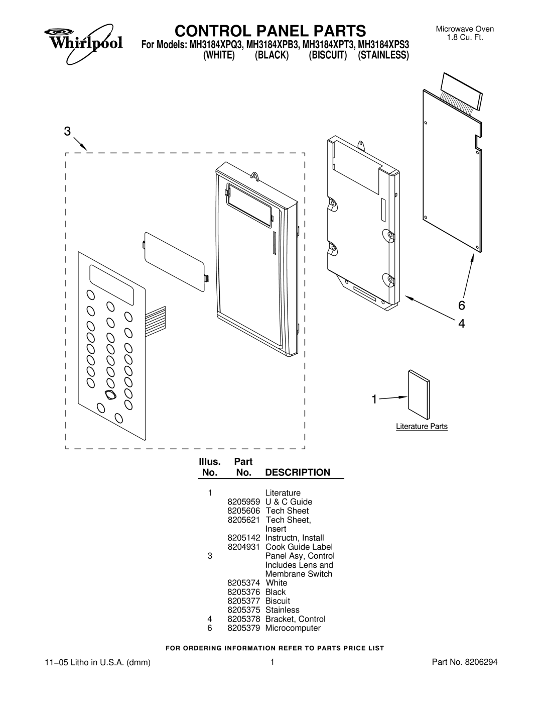 Whirlpool MH3184XPT3, MH3184XPS3, MH3184XPQ3, MH3184XPB3 manual Control Panel Parts, Illus. Part No. No. Description 