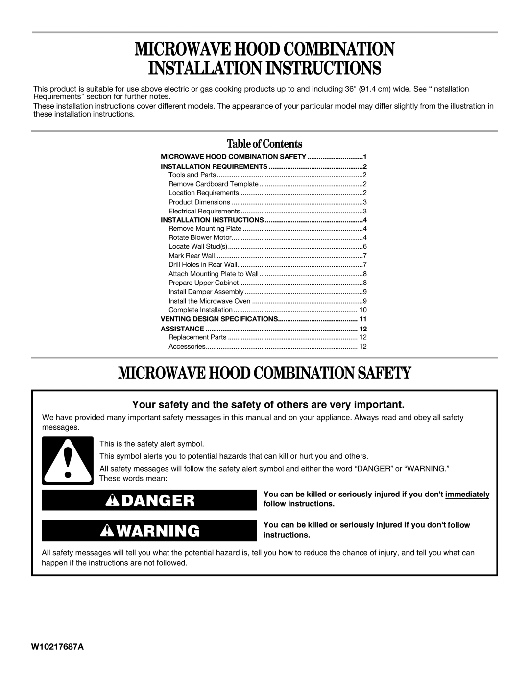 Whirlpool MH3184XPS5 installation instructions Microwave Hood Combination Installation Instructions 