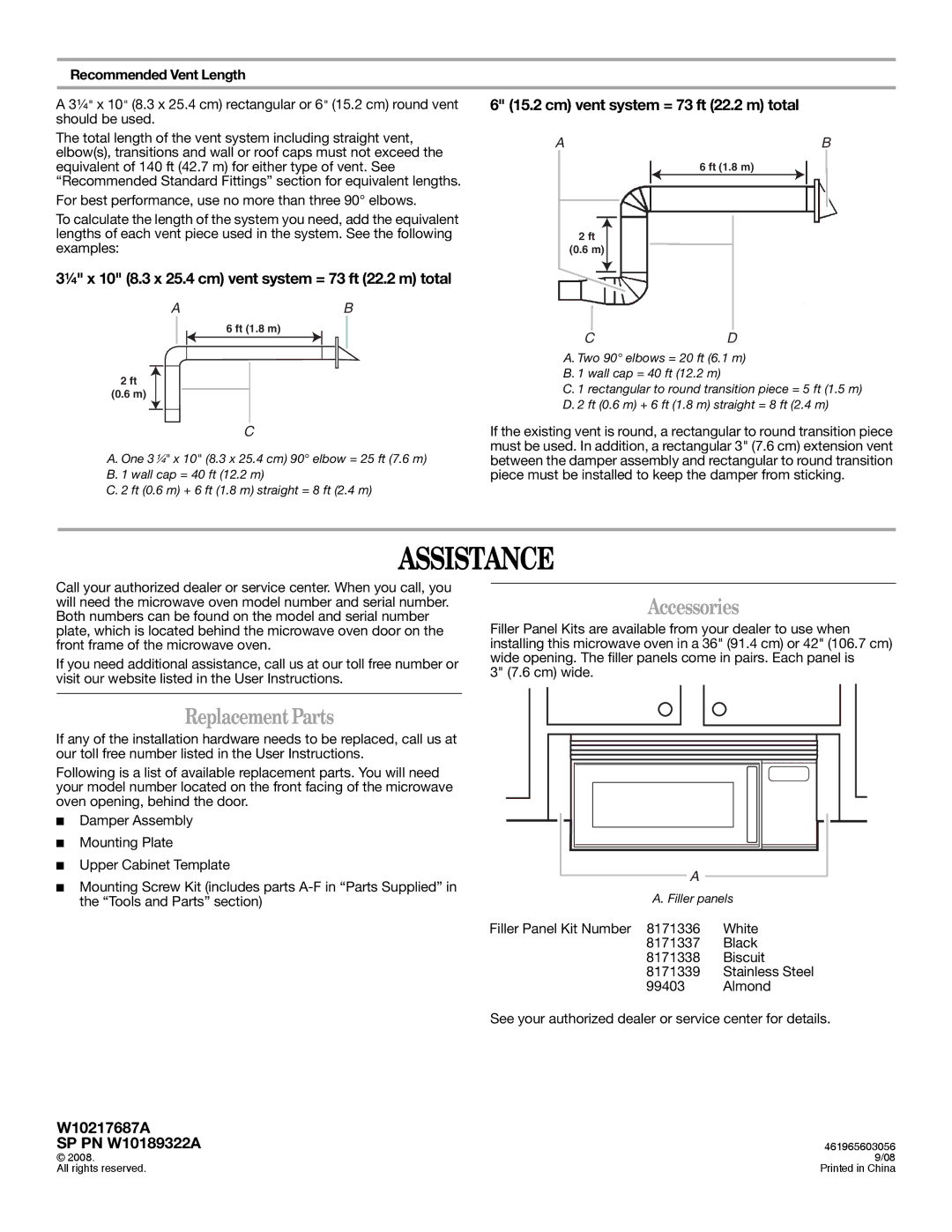 Whirlpool MH3184XPS5 Assistance, ReplacementParts, Accessories, ¹⁄₄ x 10 8.3 x 25.4 cm vent system = 73 ft 22.2 m total 