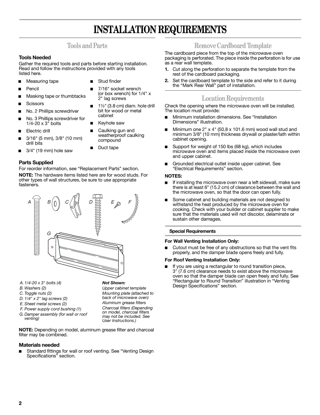 Whirlpool MH3184XPS5 Installation Requirements, ToolsandParts, RemoveCardboardTemplate, LocationRequirements 