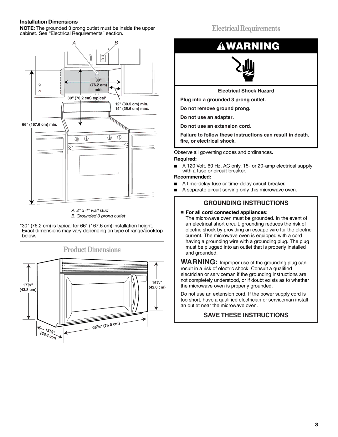 Whirlpool MH3184XPS5 ProductDimensions, ElectricalRequirements, Installation Dimensions, Required, Recommended 