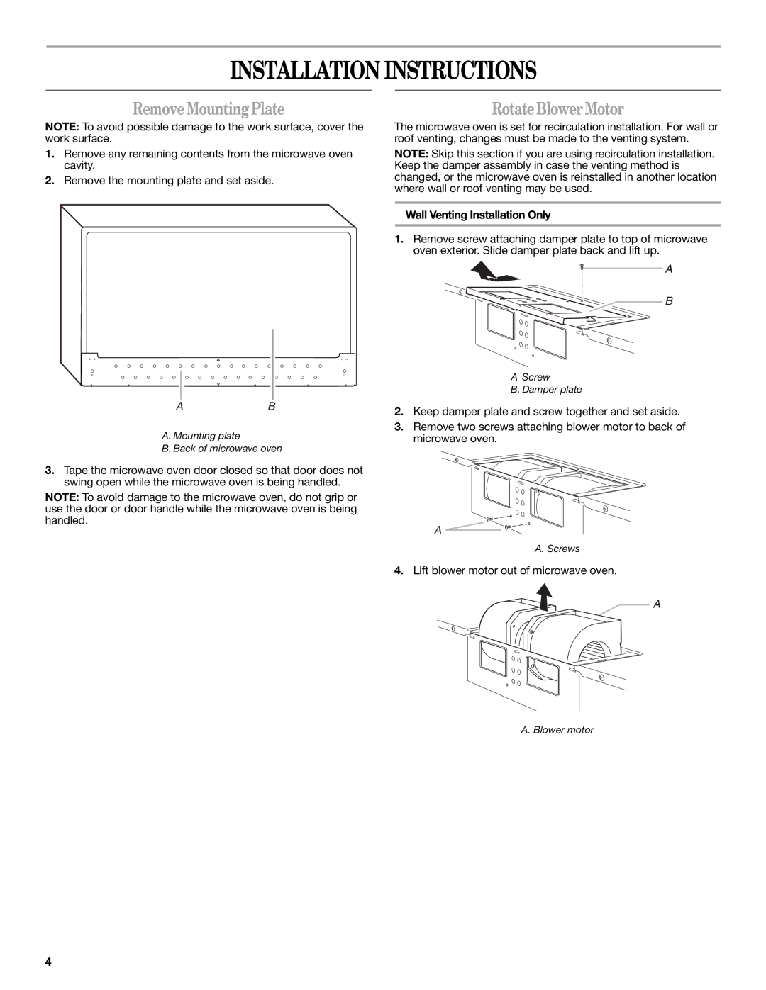 Whirlpool MH3184XPS5 Installation Instructions, RemoveMountingPlate, RotateBlowerMotor, Wall Venting Installation Only 