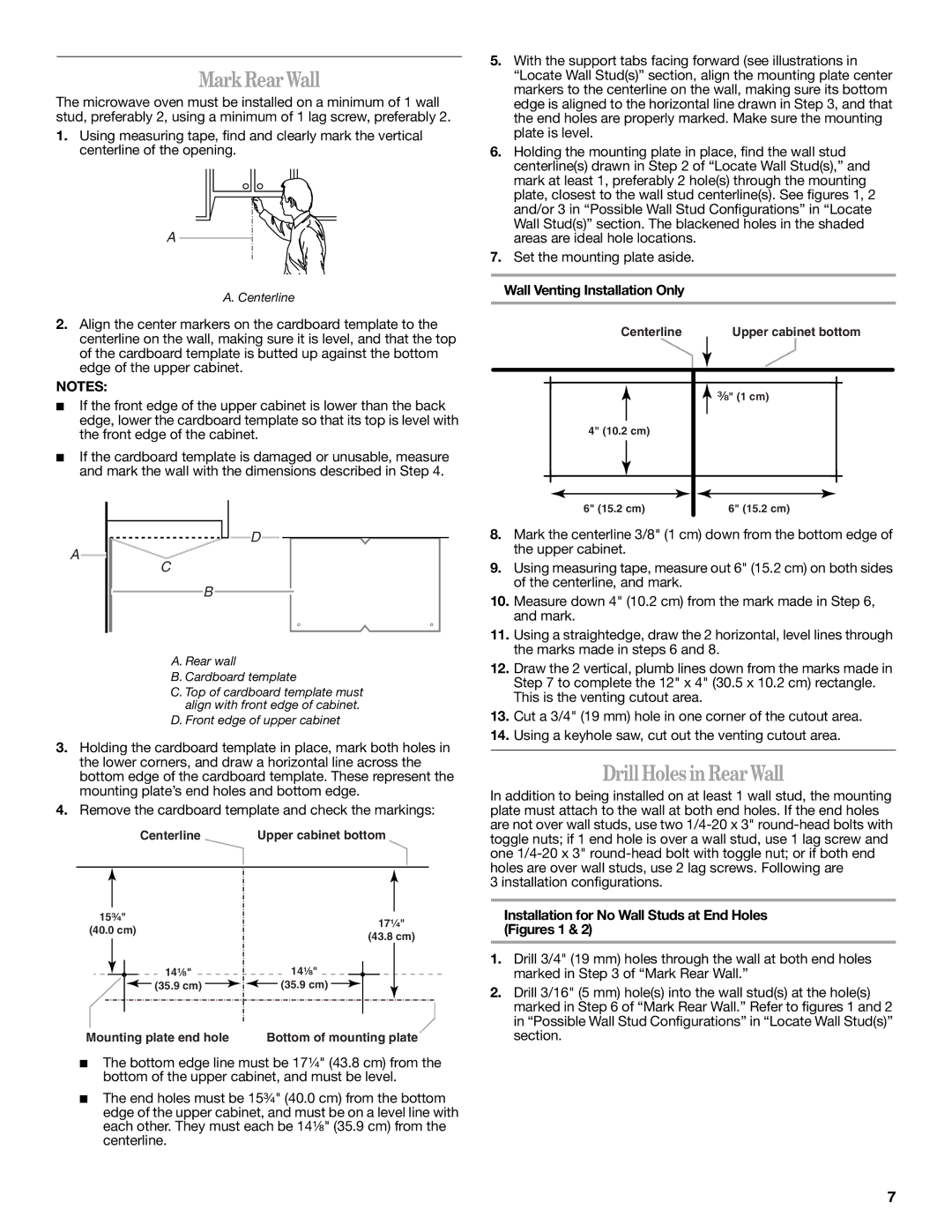 Whirlpool MH3184XPS5 MarkRearWall, DrillHolesinRearWall, Installation for No Wall Studs at End Holes Figures 1 