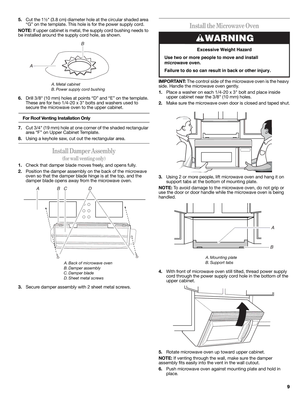 Whirlpool MH3184XPS5 installation instructions InstallDamperAssembly, InstalltheMicrowaveOven 