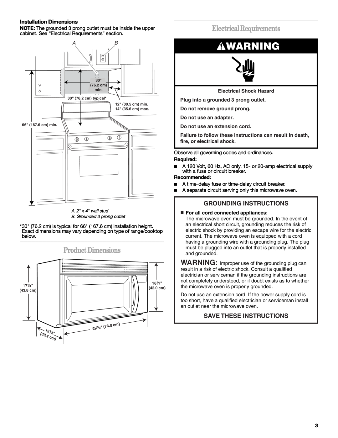 Whirlpool MH3184XPS5 ProductDimensions, ElectricalRequirements, Installation Dimensions, Do not use an extension cord 