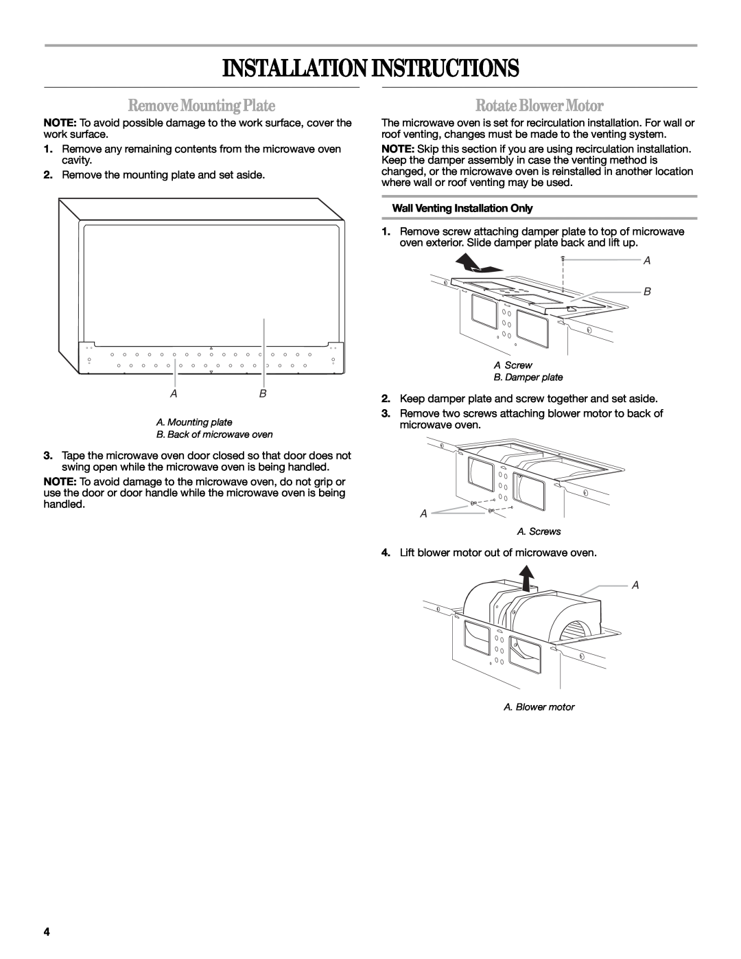 Whirlpool MH3184XPS5 Installation Instructions, RemoveMountingPlate, RotateBlowerMotor, Wall Venting Installation Only 