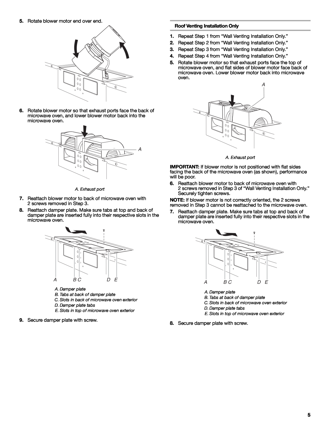 Whirlpool MH3184XPS5 installation instructions A B Cd E, Roof Venting Installation Only 