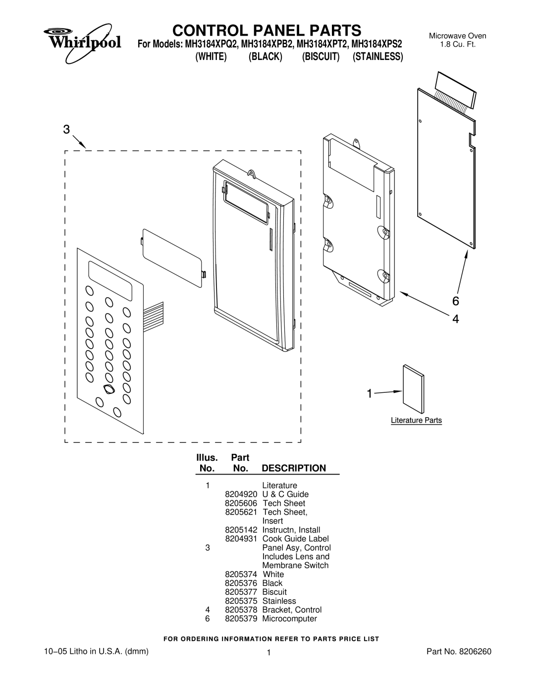 Whirlpool MH3184XPS2, MH3184XPT2, MH3184XPB2, MH3184XPQ2 manual Control Panel Parts, Illus. Part No. No. Description 