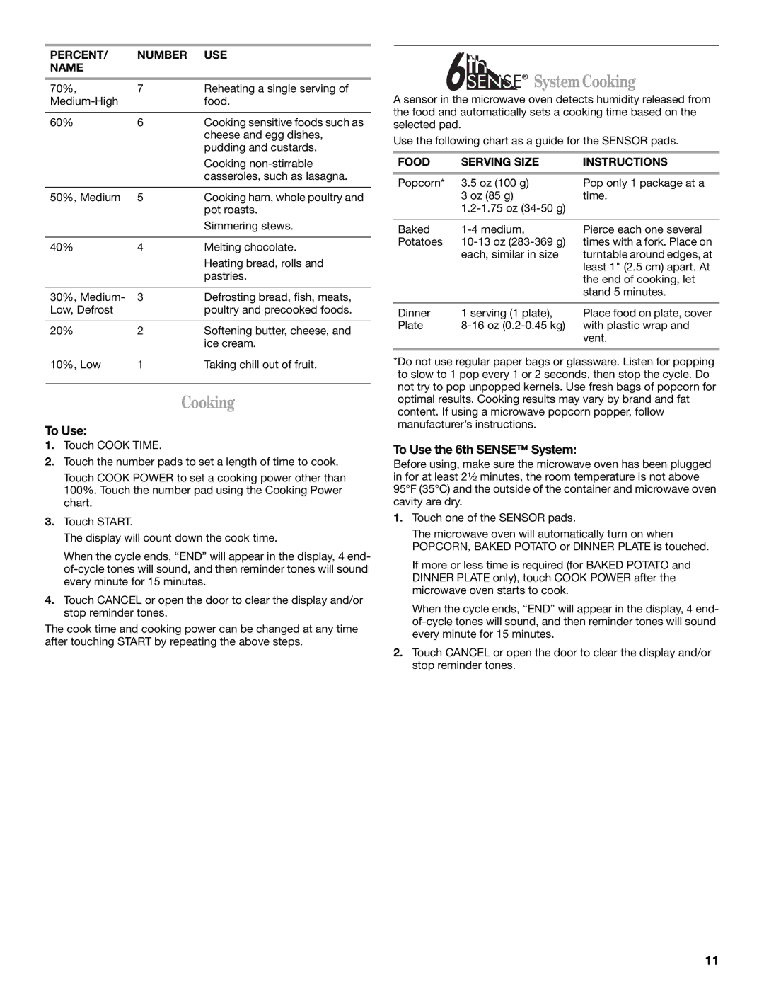 Whirlpool MH3185XP manual System Cooking, To Use the 6th Sense System, Food Serving Size Instructions 