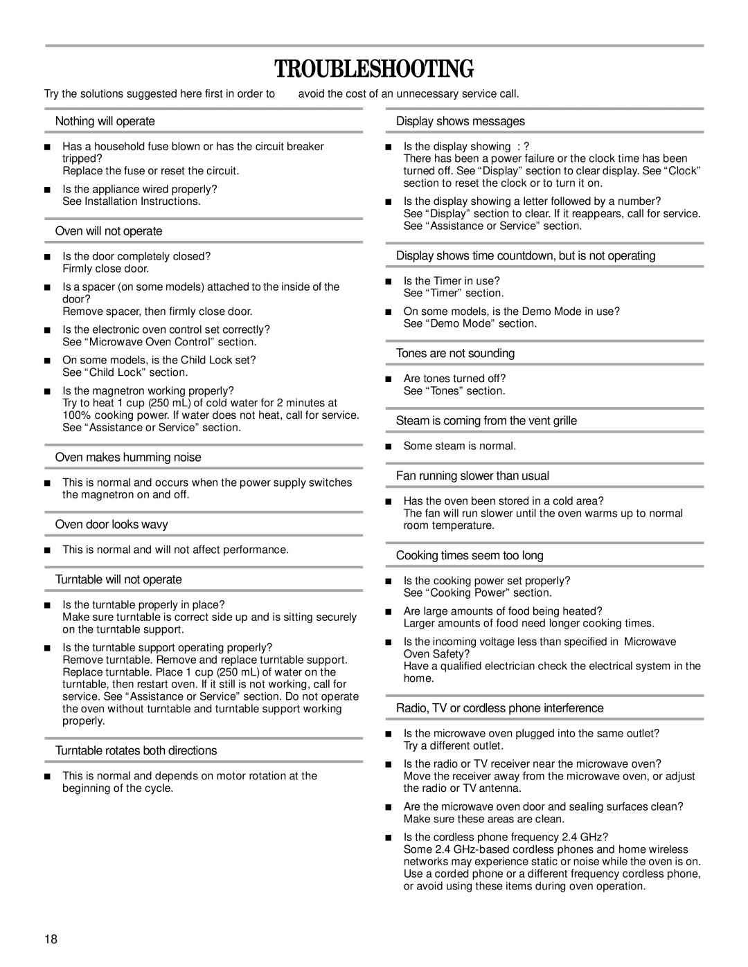 Whirlpool MH3185XP manual Troubleshooting 