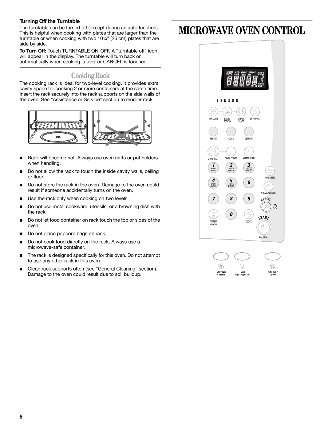 Whirlpool MH3185XP manual Cooking Rack, Turning Off the Turntable 