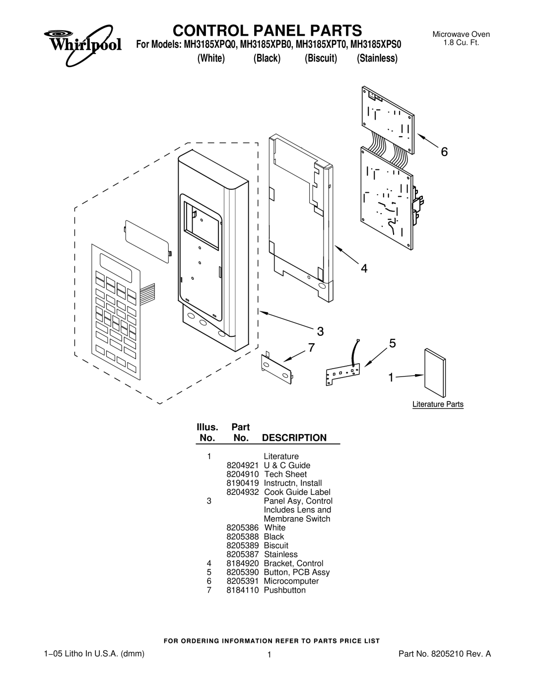 Whirlpool MH3185XPS0, MH3185XPQ0, MH3185XPB0, MH3185XPT0 manual Control Panel Parts, Illus. Part No. No. Description 