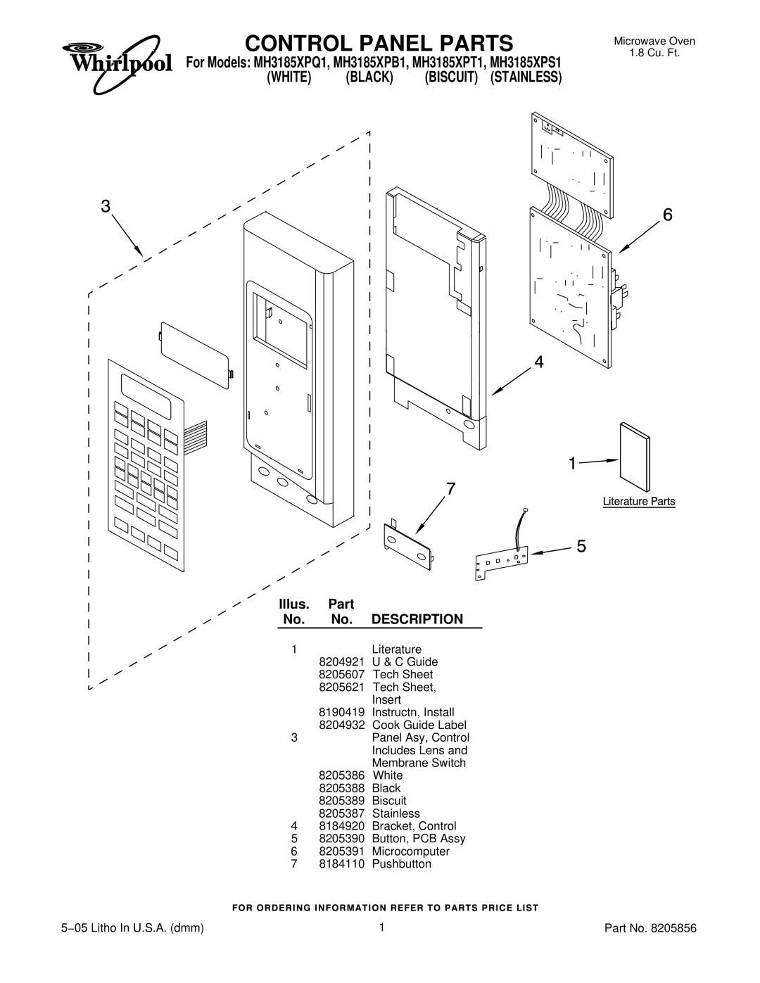 Whirlpool MH3185XPQ1, MH3185XPT1, MH3185XPB1, MH3185XPS1 manual Control Panel Parts, Illus. Part No. No. Description 